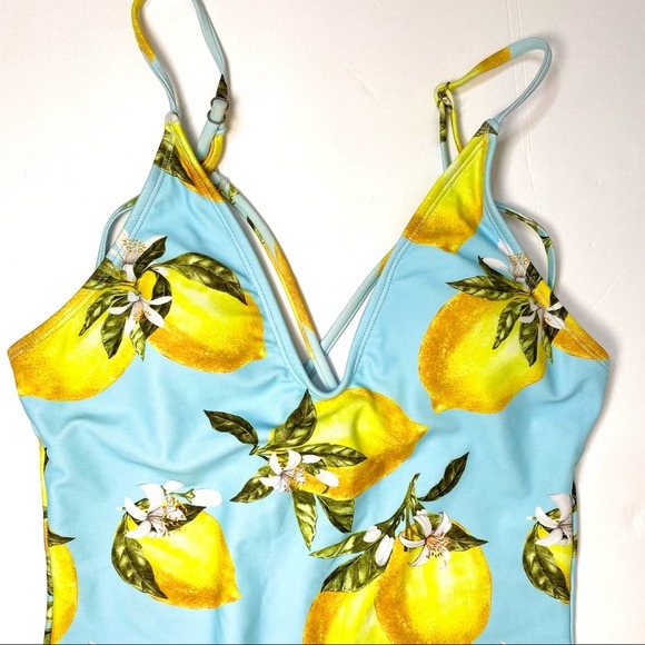 Lemon Print One-Piece Swimsuit Small Like New Blue Yellow Green - Picture 8 of 16